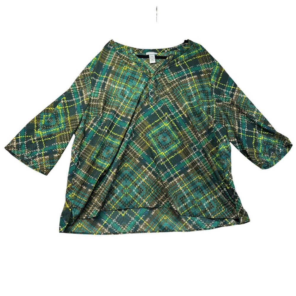 Catherines Top Women's 3X 26/28W Green Plus Size Blouse Popover Geometric Tunic